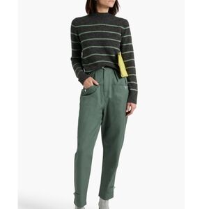 Vince Charcoal Gray Crewneck Sweater with Light Green Stripes
